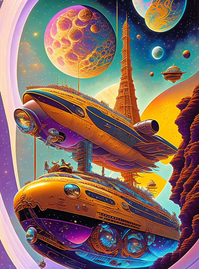 Vibrant Space Scene with Futuristic Spaceships and Planets