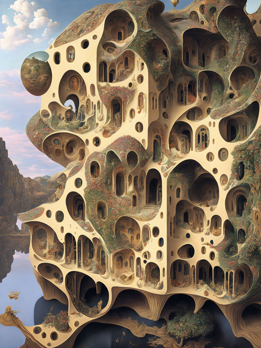 Organic-shaped surreal structure resembling a hive in a cliff landscape.