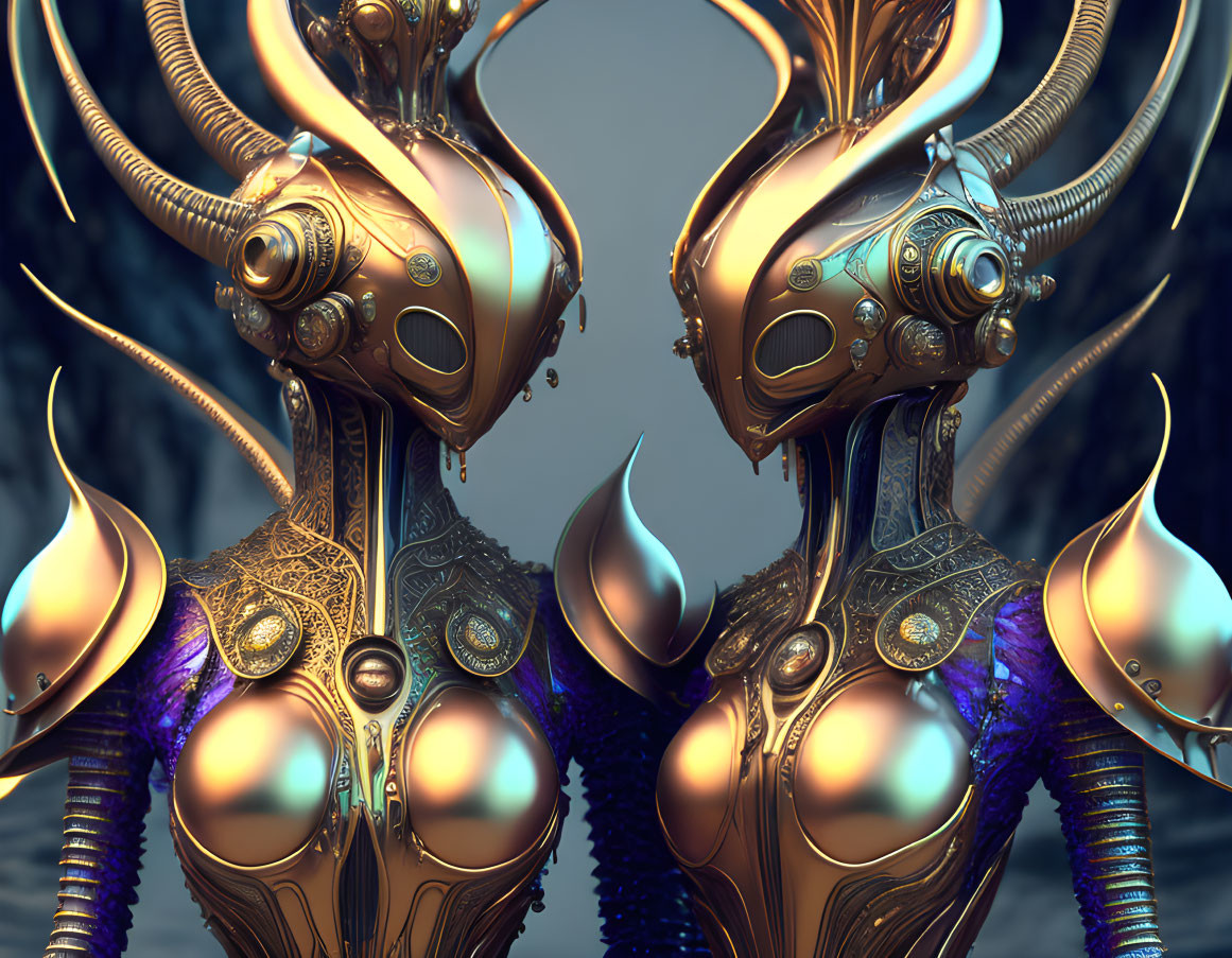 Symmetrical ornate robotic figures with intricate golden headpieces and armor