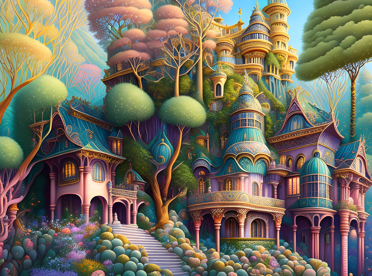 Colorful fantasy landscape with whimsical trees, floral foreground, and intricate castle.