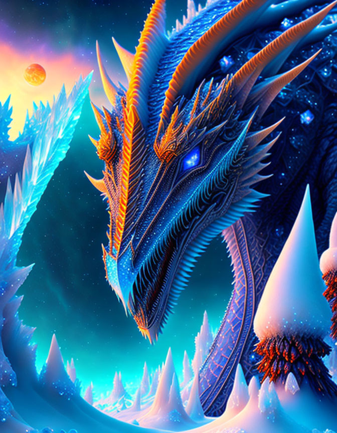 Colorful Dragon with Glowing Blue Eyes in Icy Fantasy Landscape