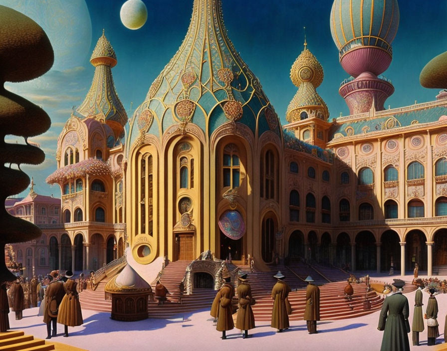 Vibrant fantasy cityscape with golden domes, period clothing, and fantastical airships.