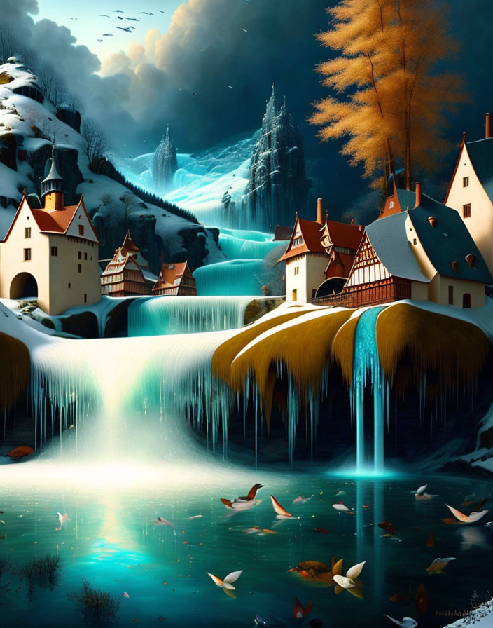 Half-Submerged Houses in Fantastical Village Surrounded by Waterfalls, Autumn Trees, and