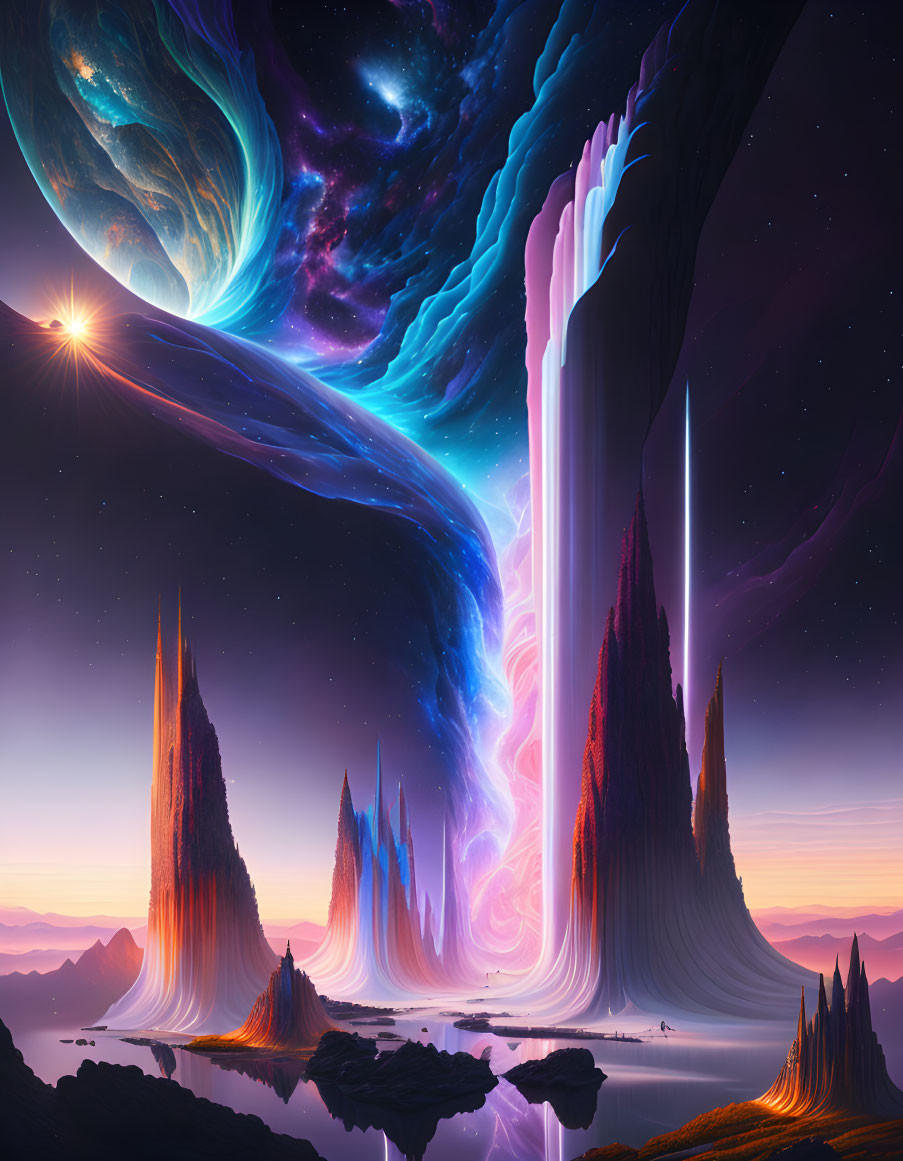 Colorful digital artwork: Alien spires in mystical landscape with planet and stars