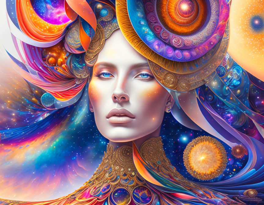 Colorful digital artwork of woman with cosmic elements in hair and headdress