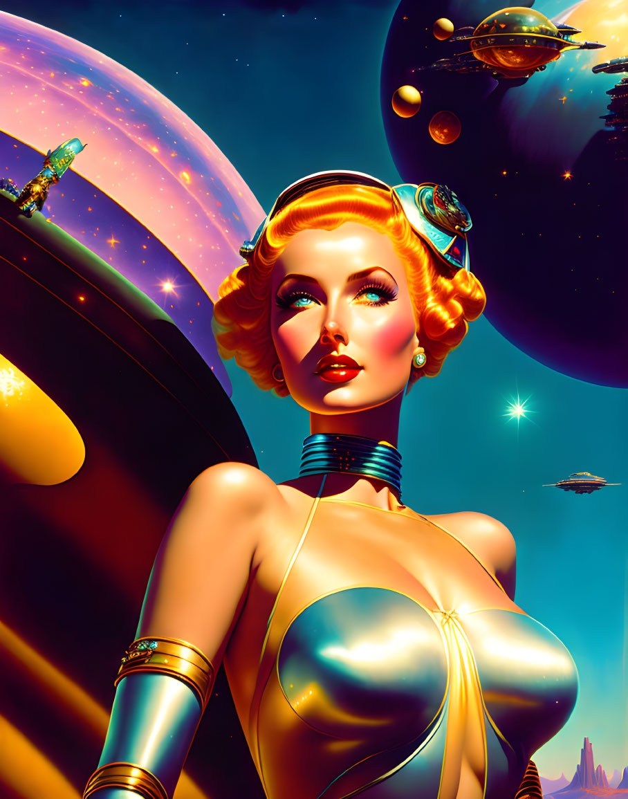 Retro-futuristic woman in gold outfit against space backdrop