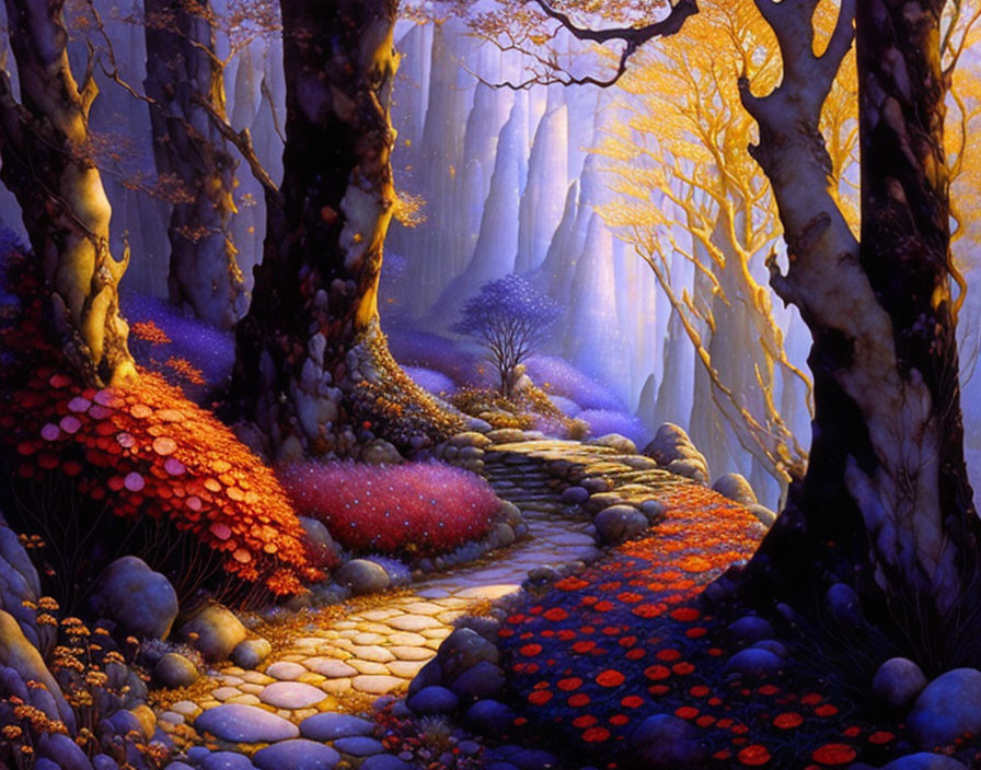 Mystical forest with stone path, colorful flora, and towering trees