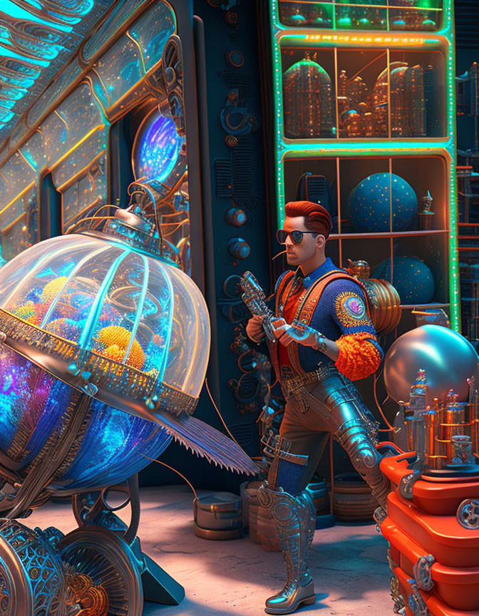 Sci-fi lab scene with stylized character and futuristic weapon