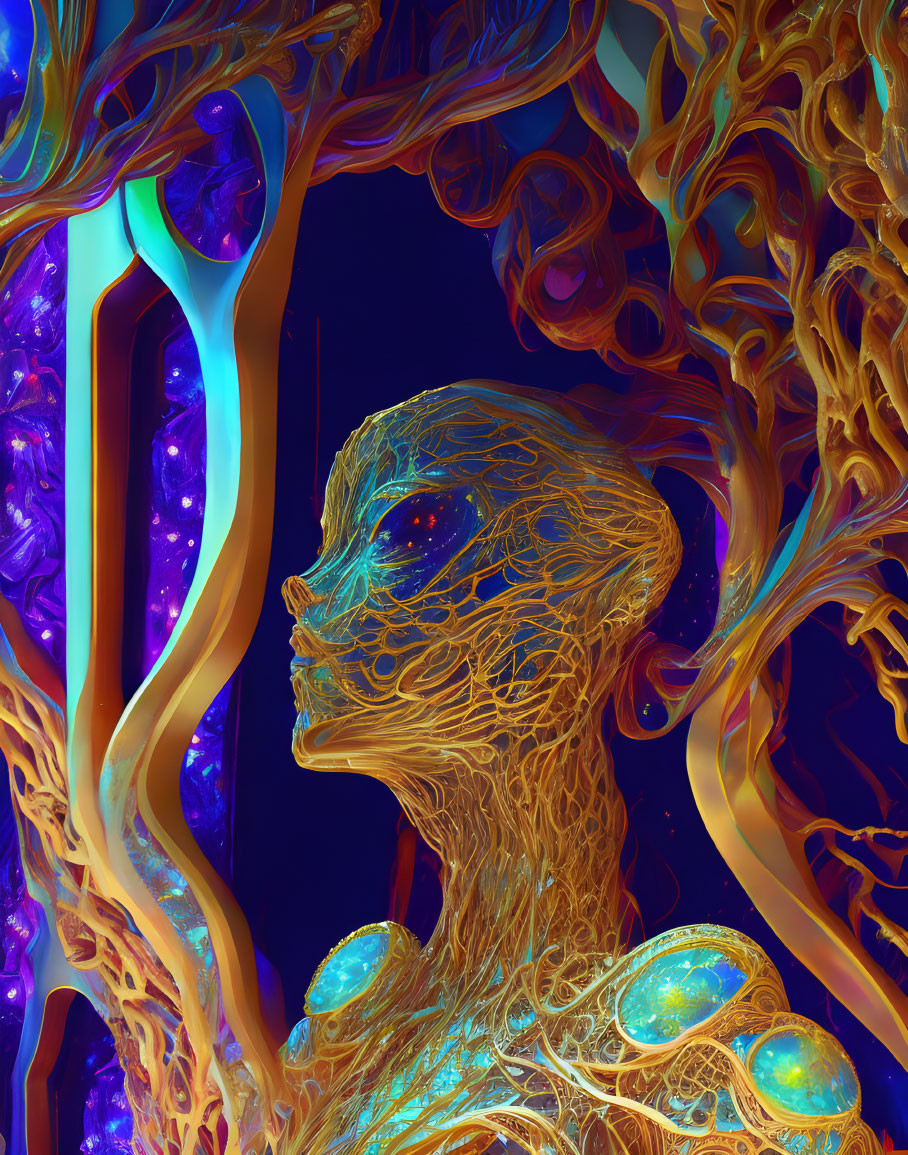 Digital artwork: humanoid figure profile with tree-like structures in blue and gold.