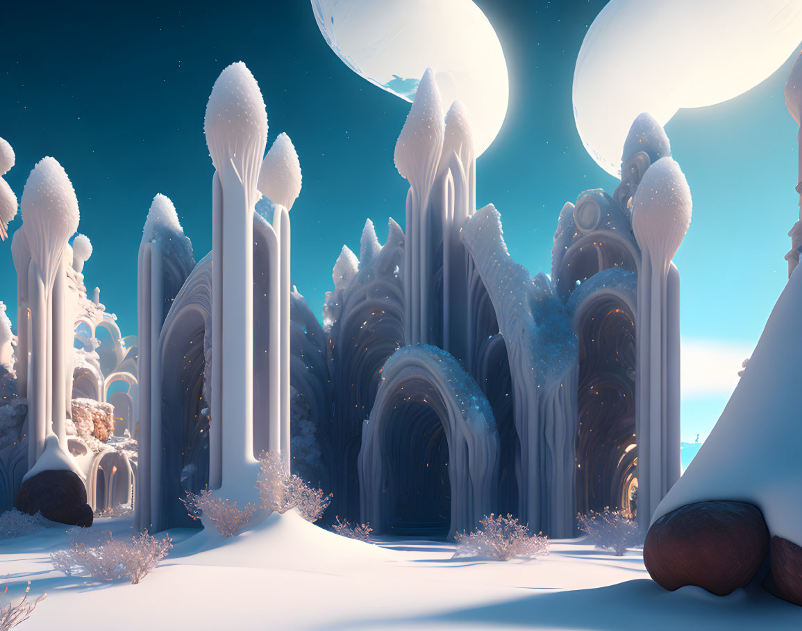 Snow-covered trees and structures in fantastical winter landscape with two large moons