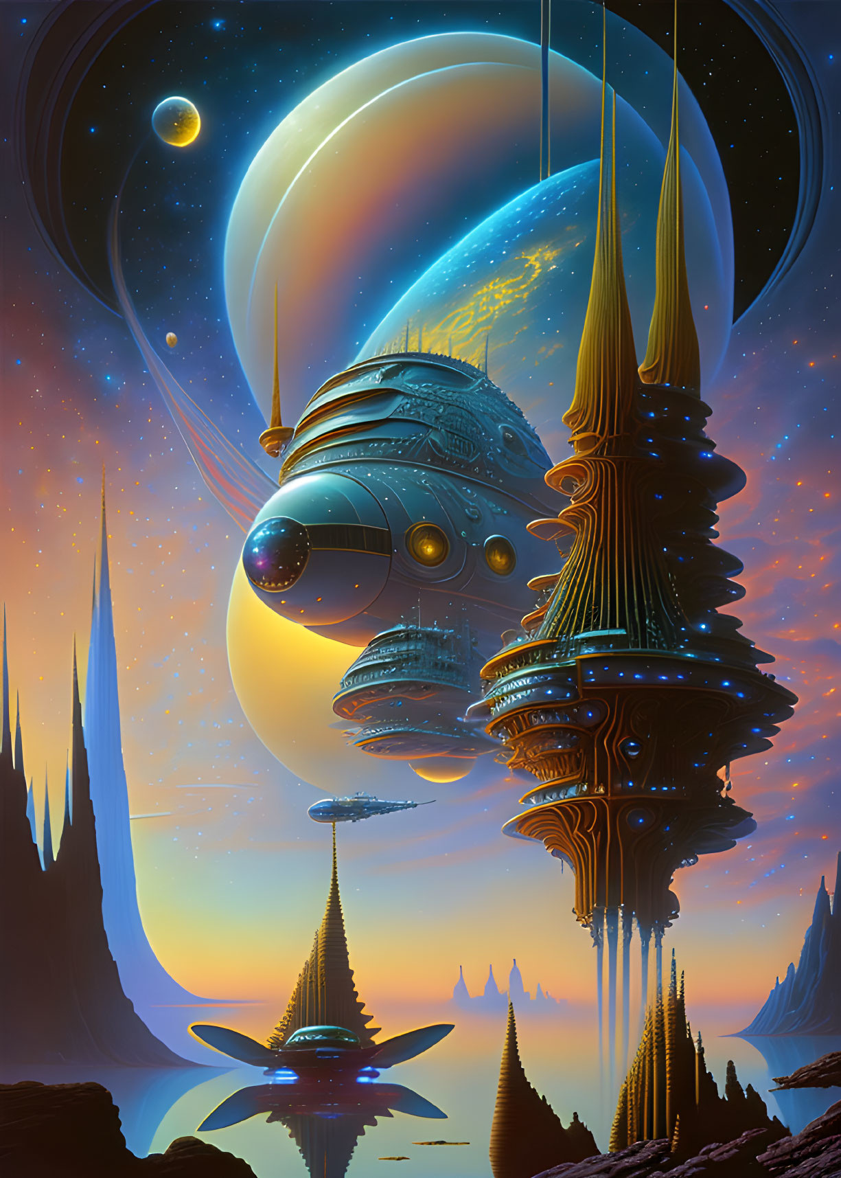 Futuristic cityscape with towering spires and floating structures under alien sky