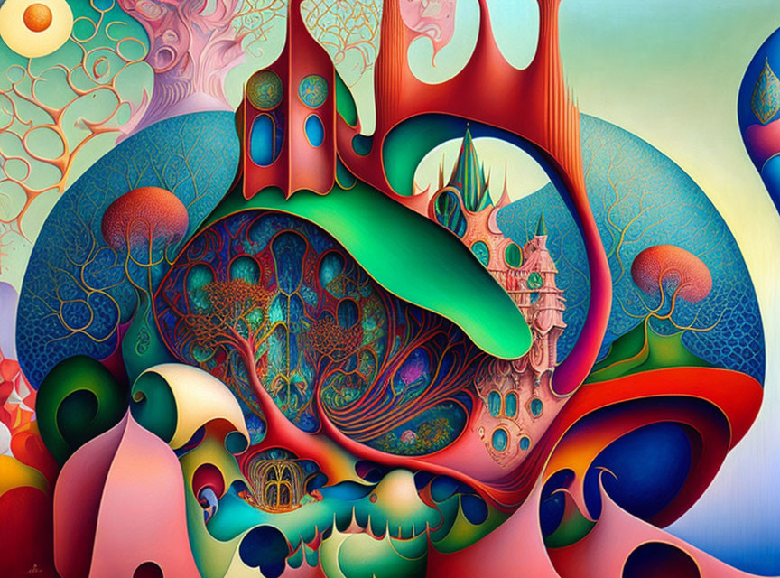 Colorful Surrealist Painting with Intricate Patterns and Dream-like Shapes