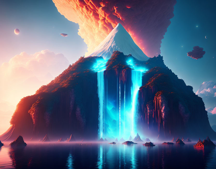 Fantasy landscape with glowing waterfall, multiple moons, and distant planet