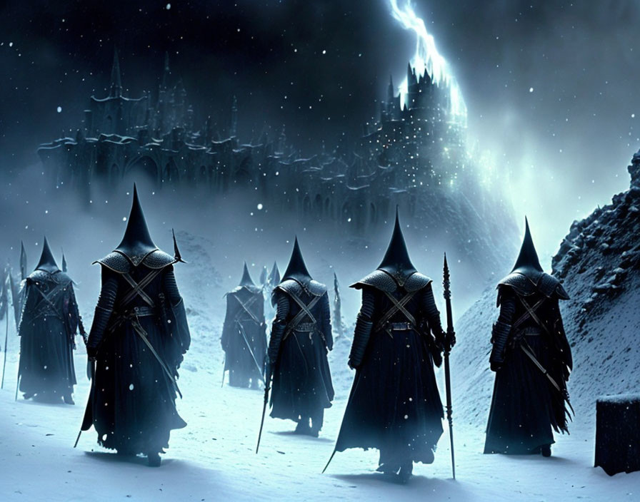 Hooded figures in armor march in snowy landscape with illuminated castle