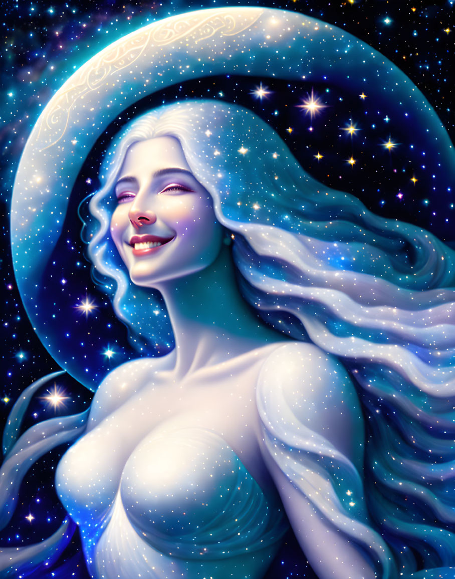 Celestial woman with radiant smile and crescent moon halo