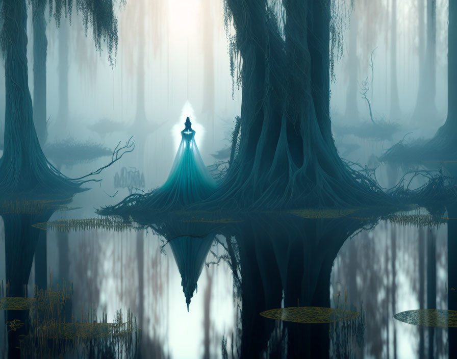 Cloaked figure in misty forest with reflective water body