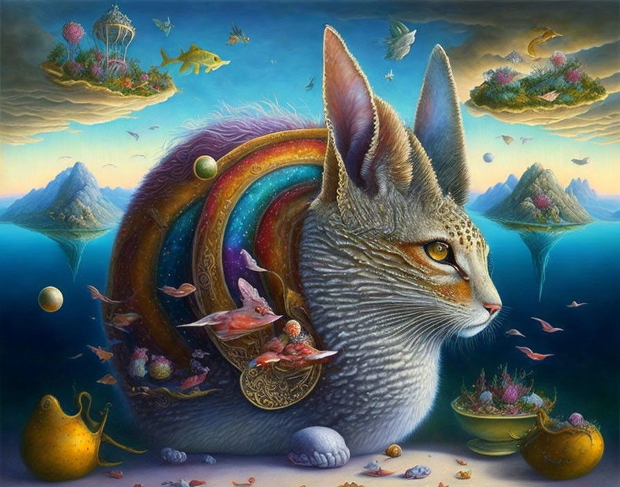 Fantastical painting: Giant cat, rainbow, floating islands & surreal details