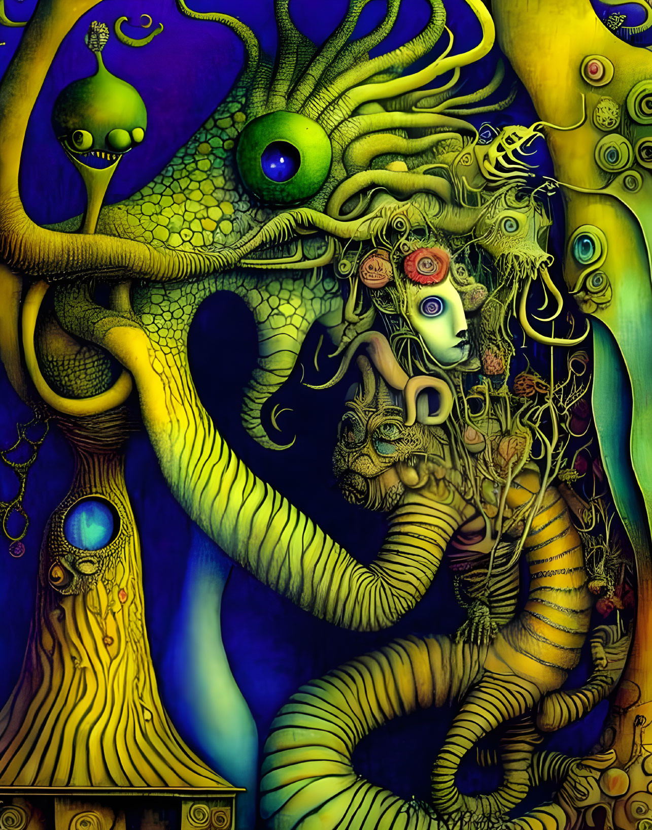 Colorful surreal artwork: humanoid figure with serpent features, multiple eyes, psychedelic patterns