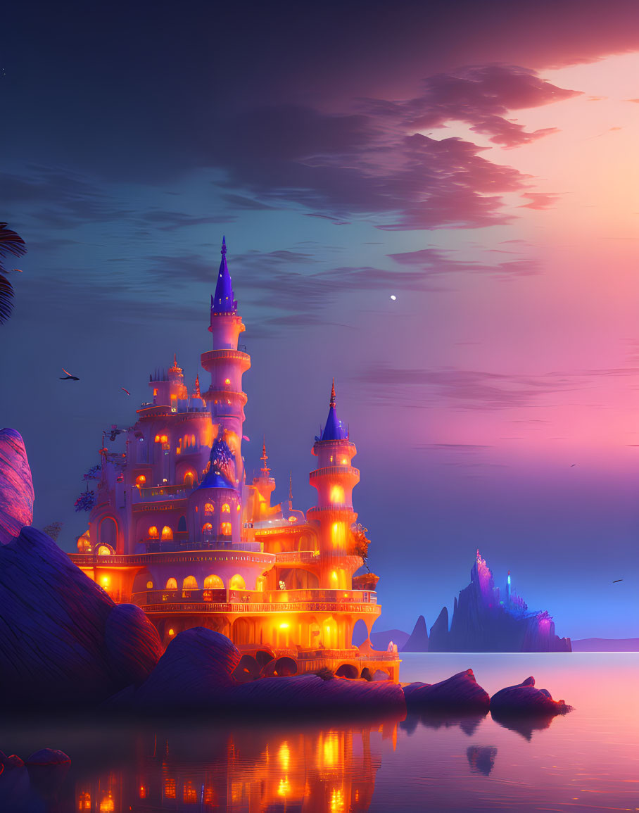 Fantasy castle on coastal cliff at twilight with blue and purple hues.