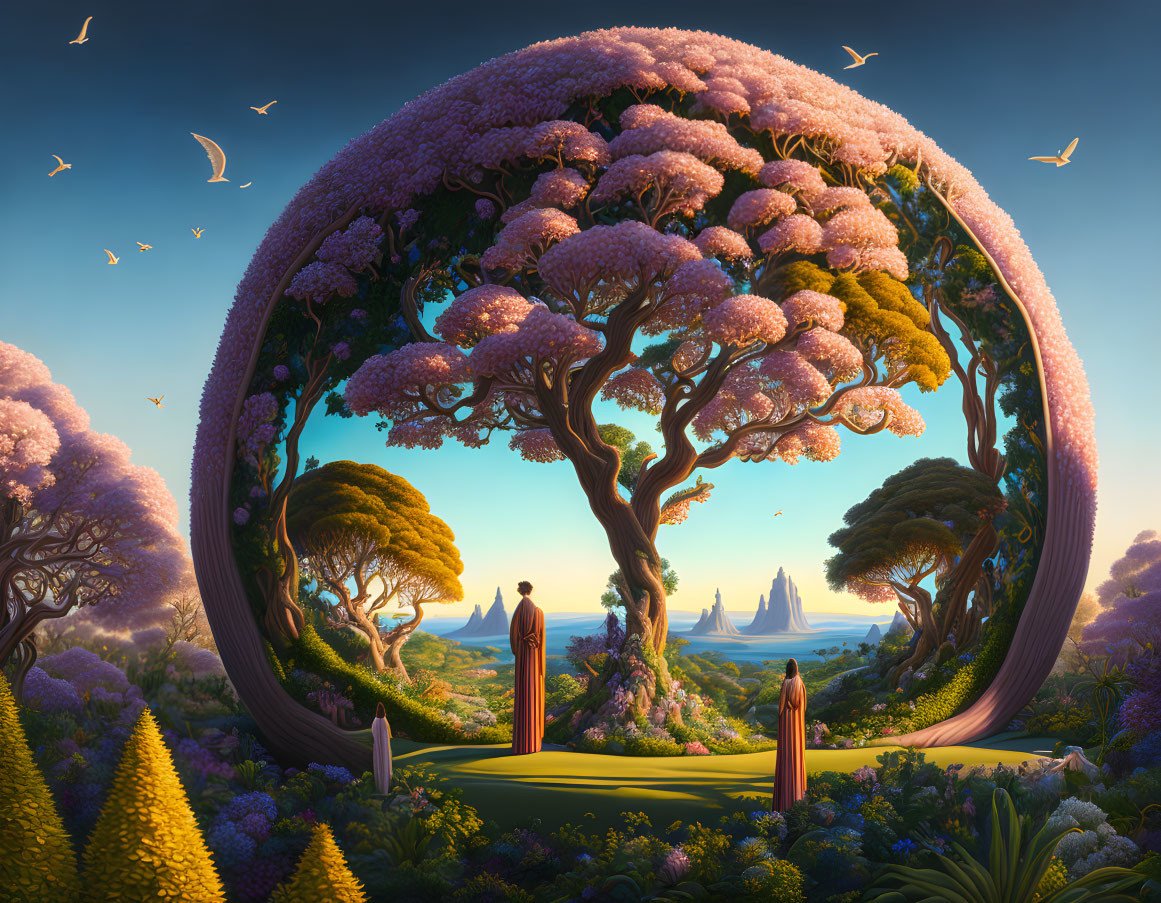 Surreal landscape with circular gateway and pink-flowered tree at dawn or dusk