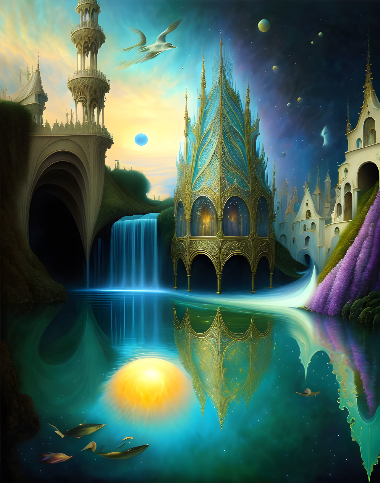 Fantasy landscape with ornate castles, waterfall, serene lake, and celestial flora.