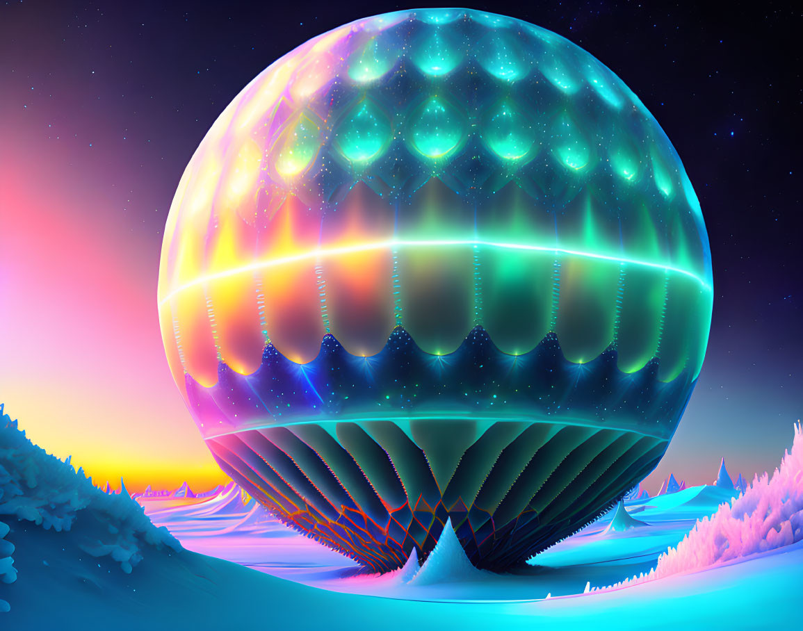 Colorful digital artwork: Giant patterned sphere above snowy alien landscape