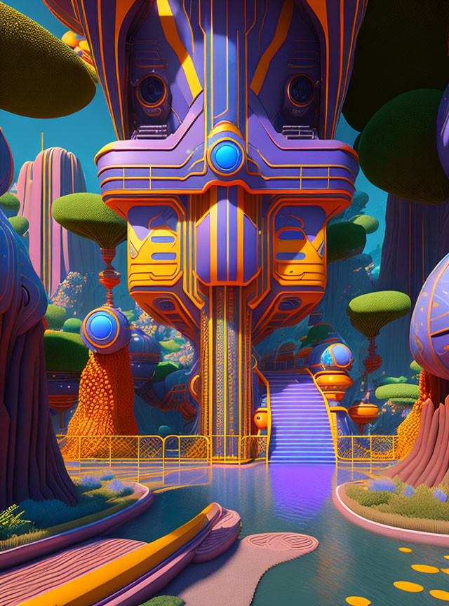 Vibrant futuristic landscape with towering structure and stylized trees