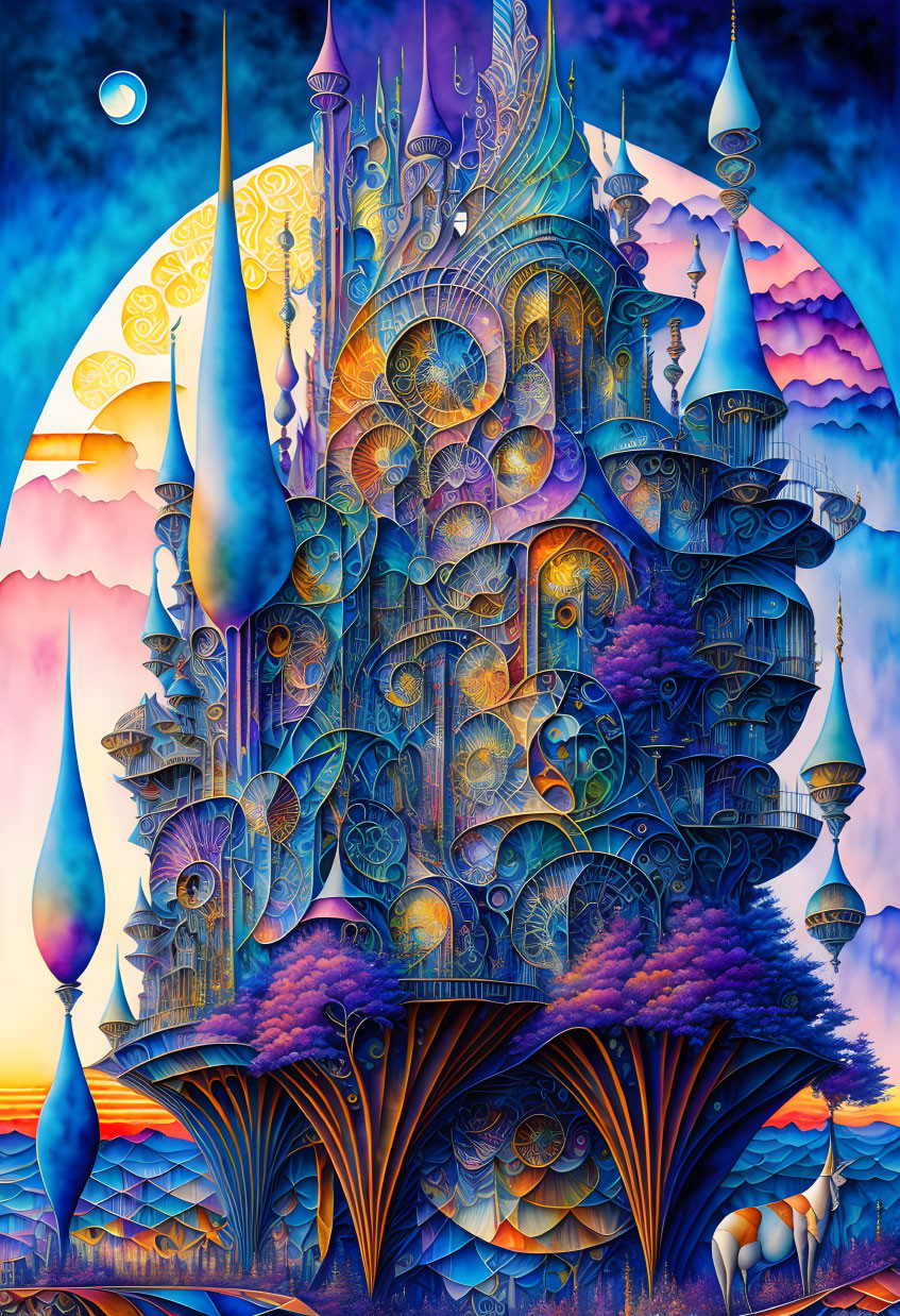 Vibrant Castle with Intricate Designs and Colorful Sky