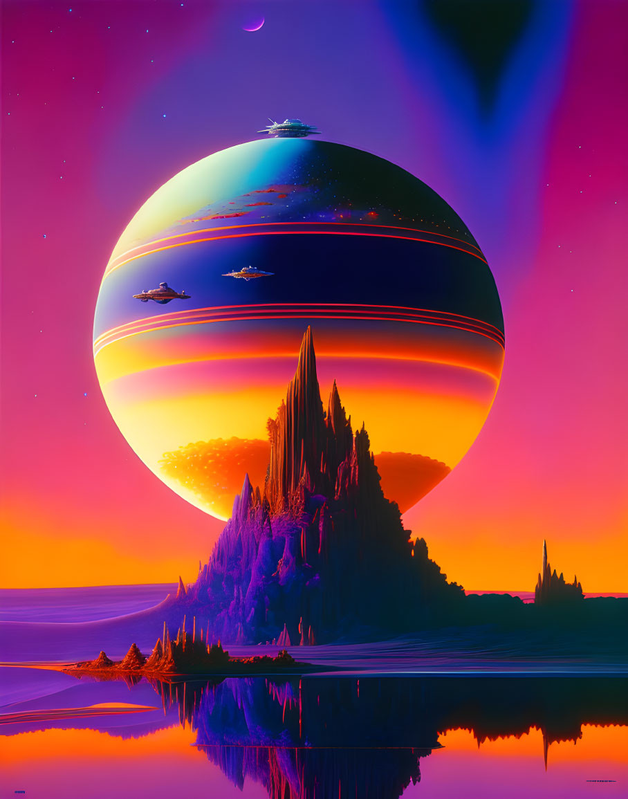 Futuristic landscape with alien planet reflected in water, ships flying, vividly colored mountain range