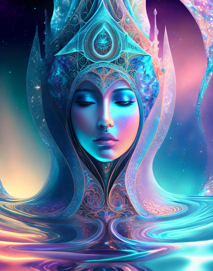 Digital artwork: Serene female figure with cosmic headdress merging into reflective surface