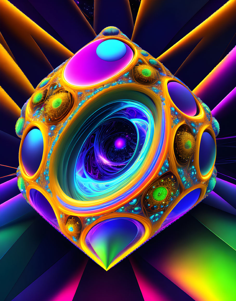 Colorful fractal art with swirling vortex and neon rays on dark background