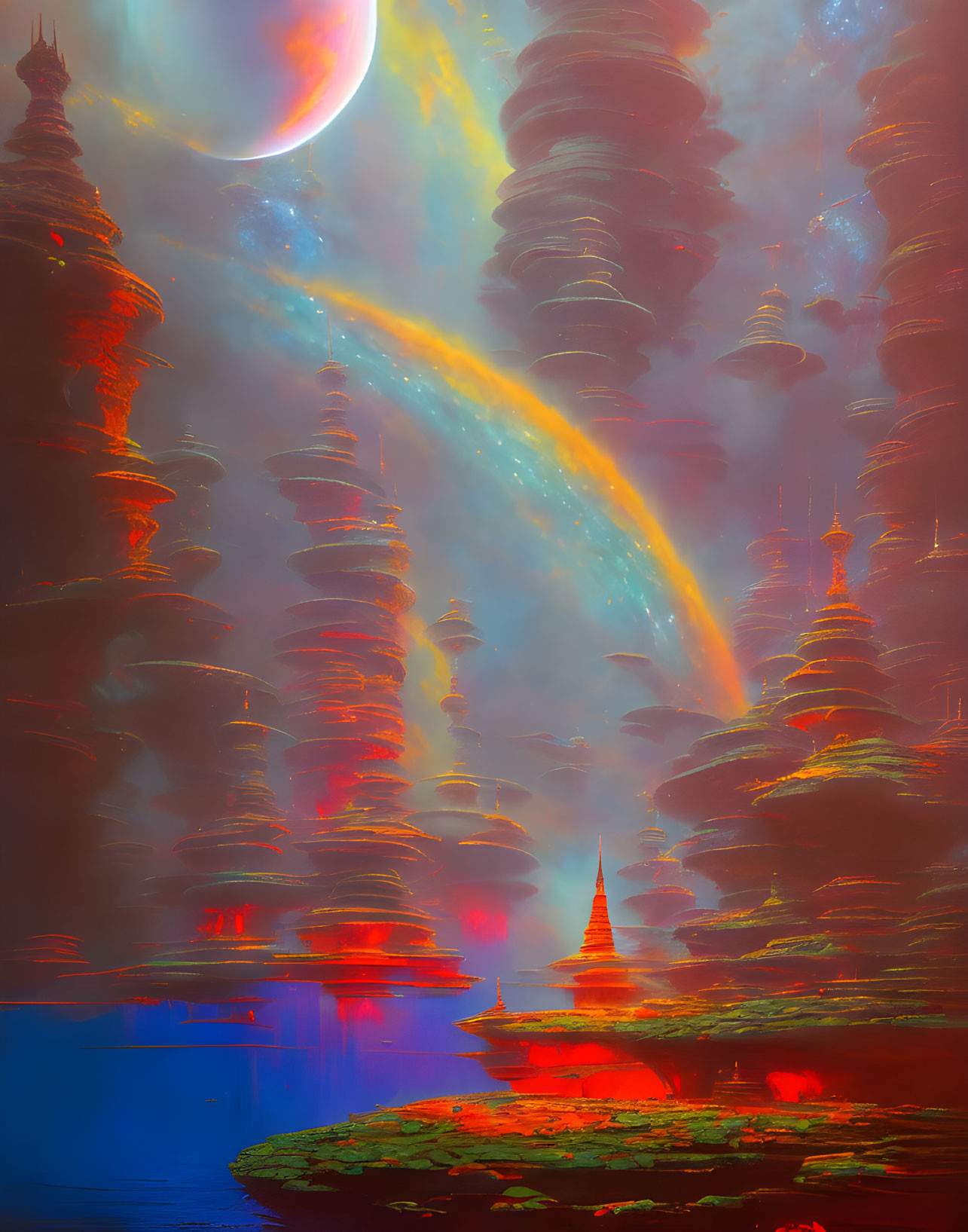 Futuristic sci-fi landscape with towering spire-like structures and vibrant comet in red sky