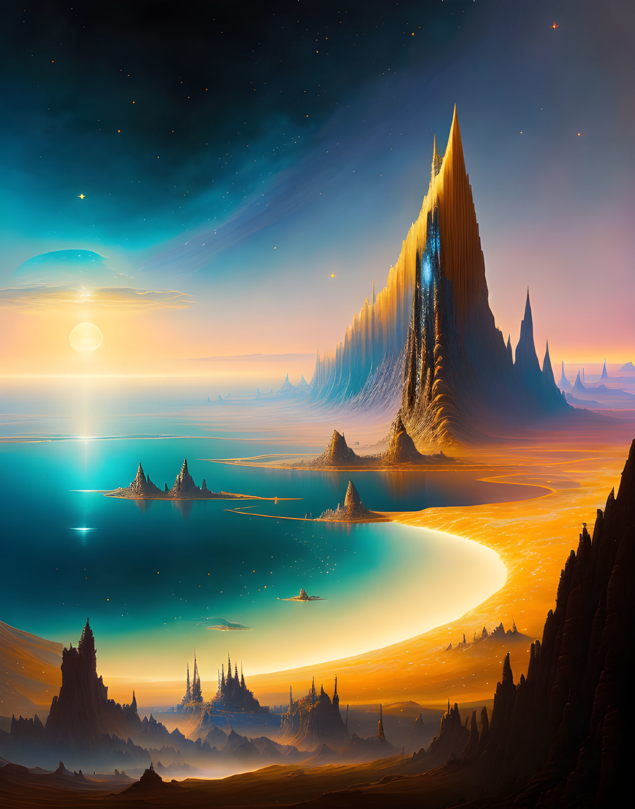 Fantastical landscape with towering spires and glowing horizon.