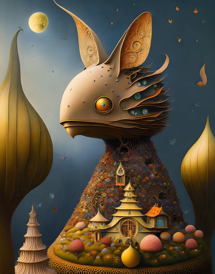 Surreal rabbit-like creature with landscape and buildings on head under night sky