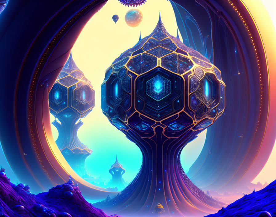 Vibrant sci-fi landscape with floating geometric structures and surreal backdrop