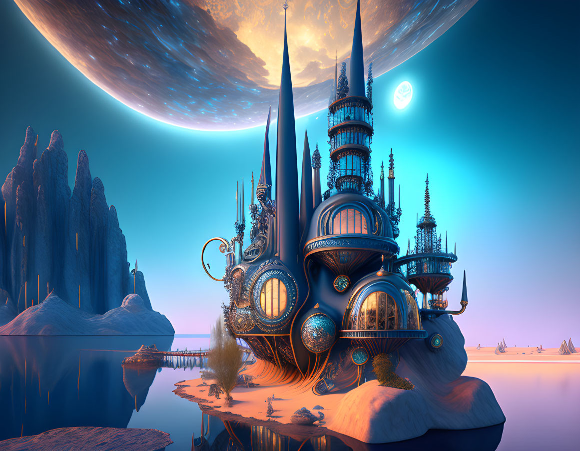 Ornate castle on lakeside cliff under moon and planet in twilight landscape