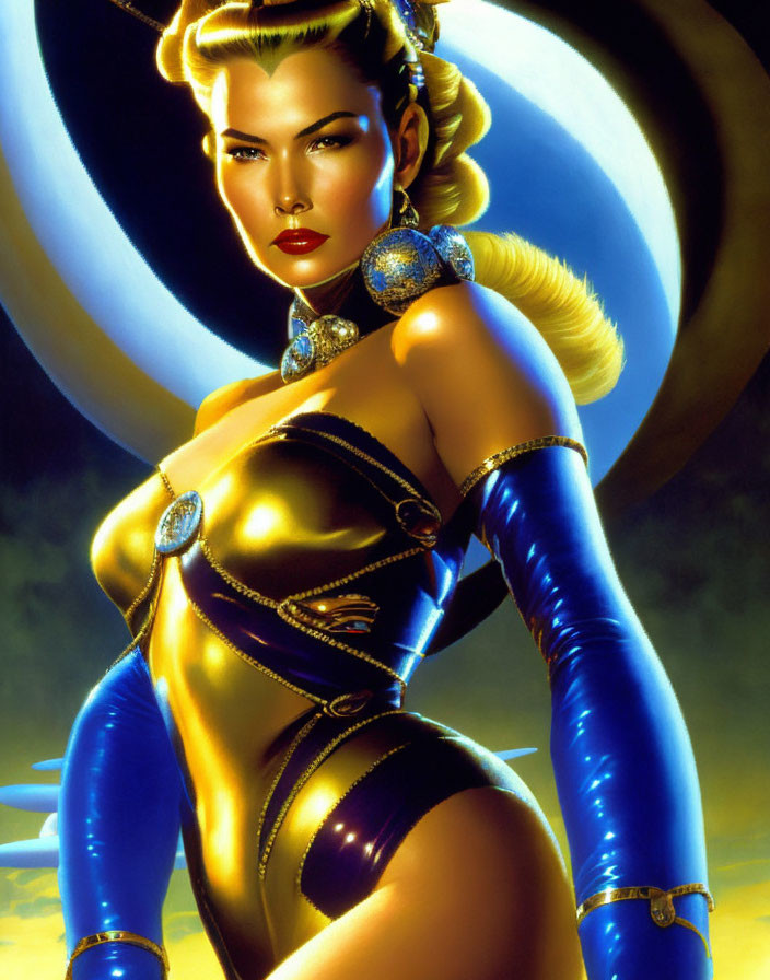 Stylized female character in golden attire against crescent moon.