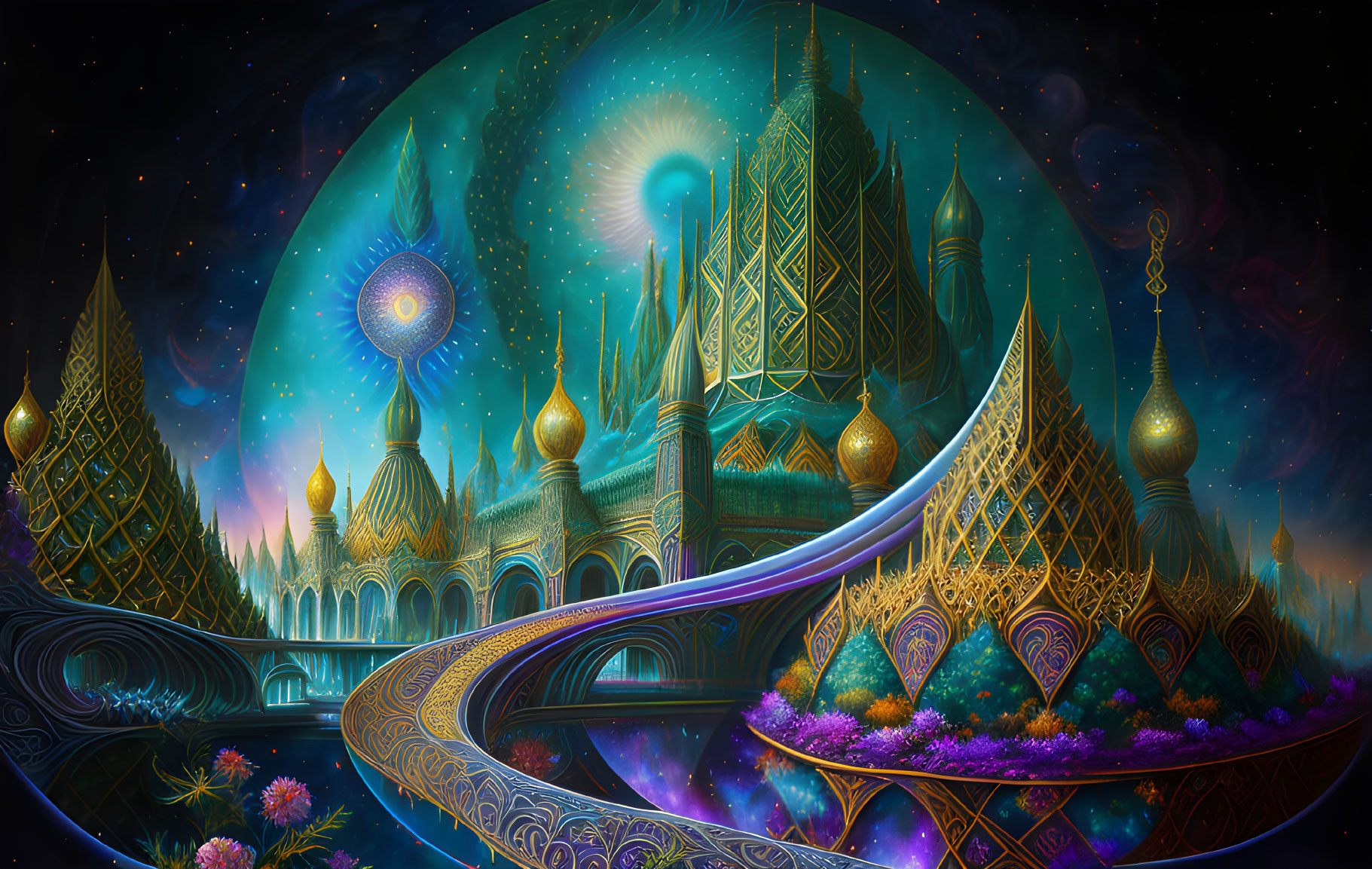 Vibrant digital artwork of ethereal cityscape in cosmic setting