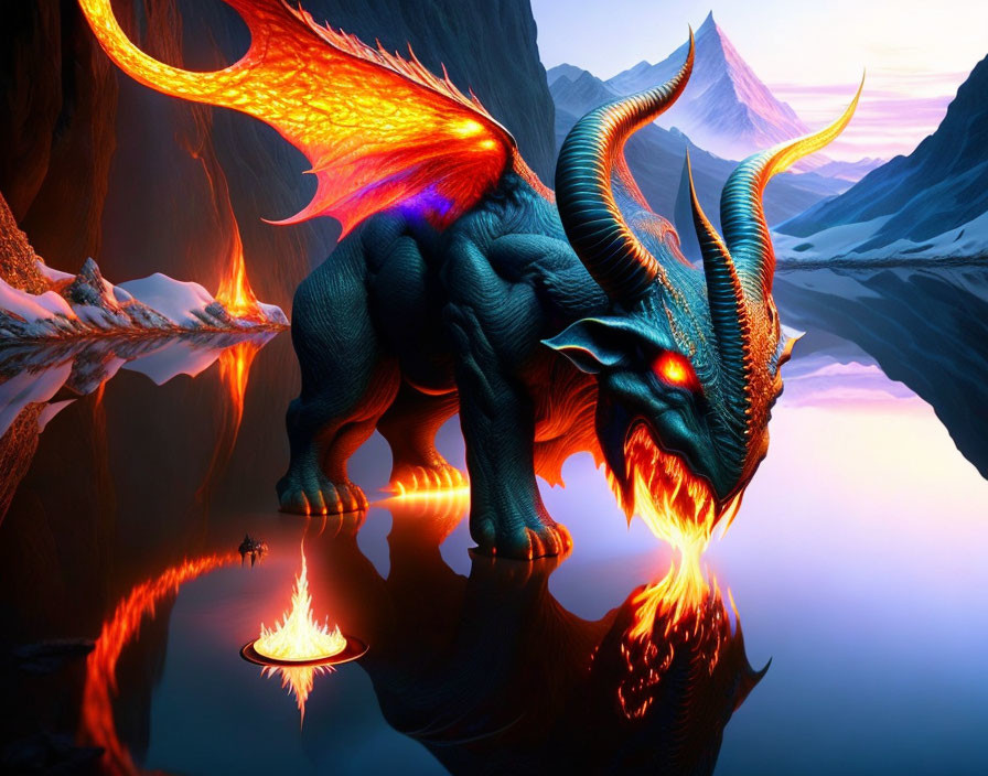 Blue dragon breathing fire in mountainous terrain at twilight