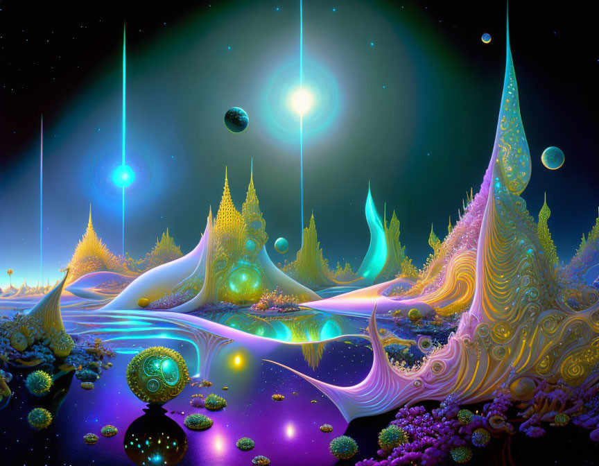 Surreal landscape with luminous towers and celestial bodies