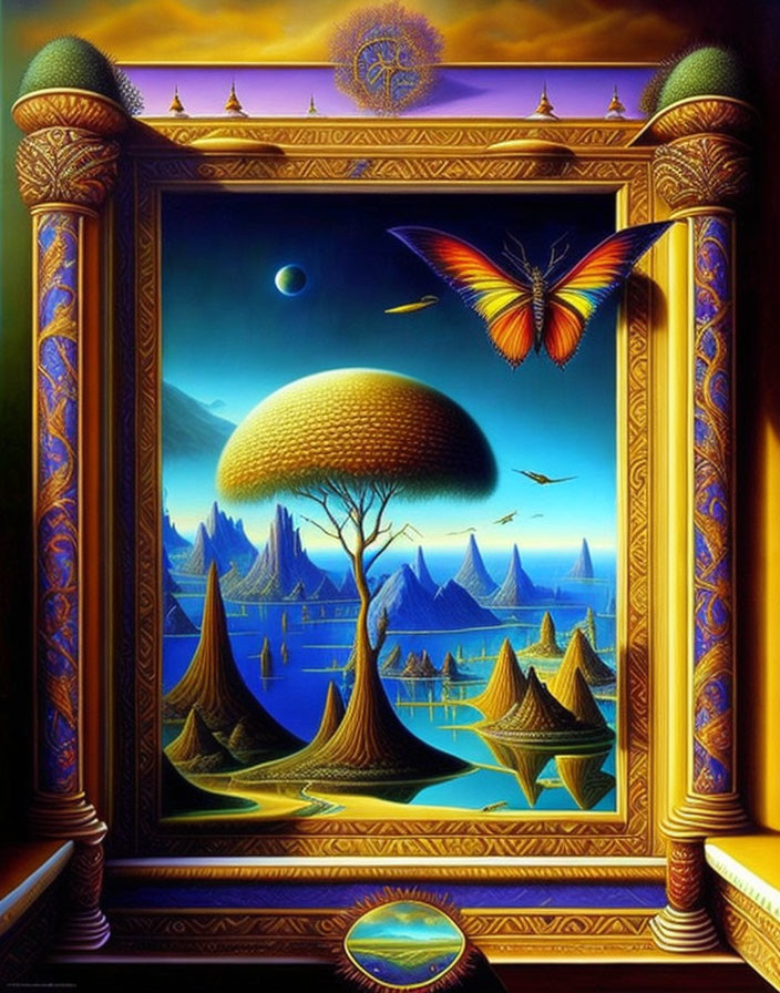 Surreal landscape painting with dome-shaped tree, rock formations, water, birds, butterfly in orn
