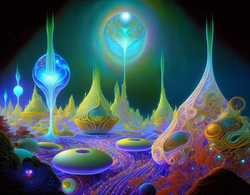 Psychedelic landscape with luminescent trees and glowing orb