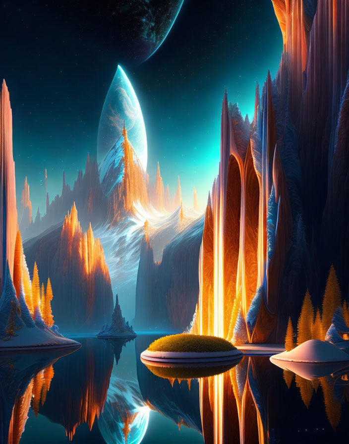 Alien Landscape with Vibrant Mountains and Serene Lake
