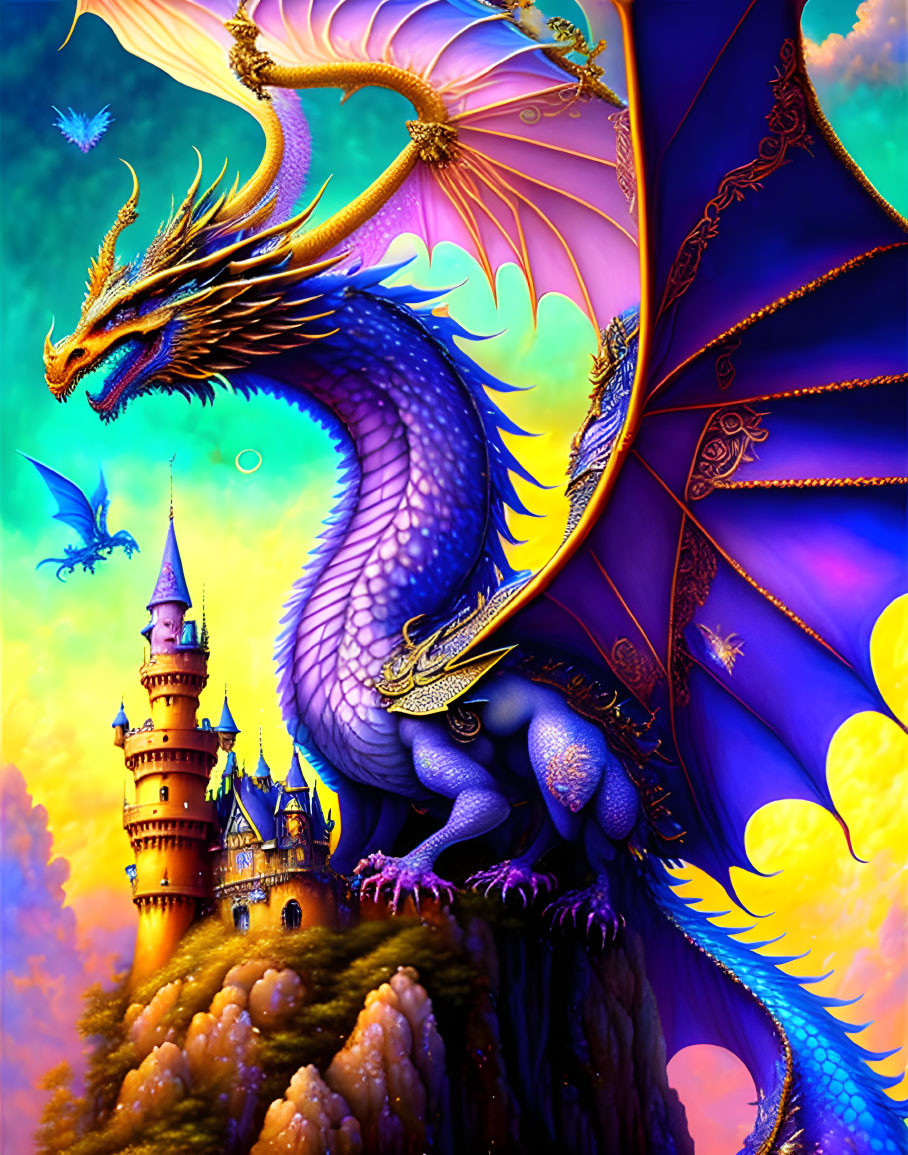 Majestic blue dragon and castle on cliff in vibrant fantasy artwork