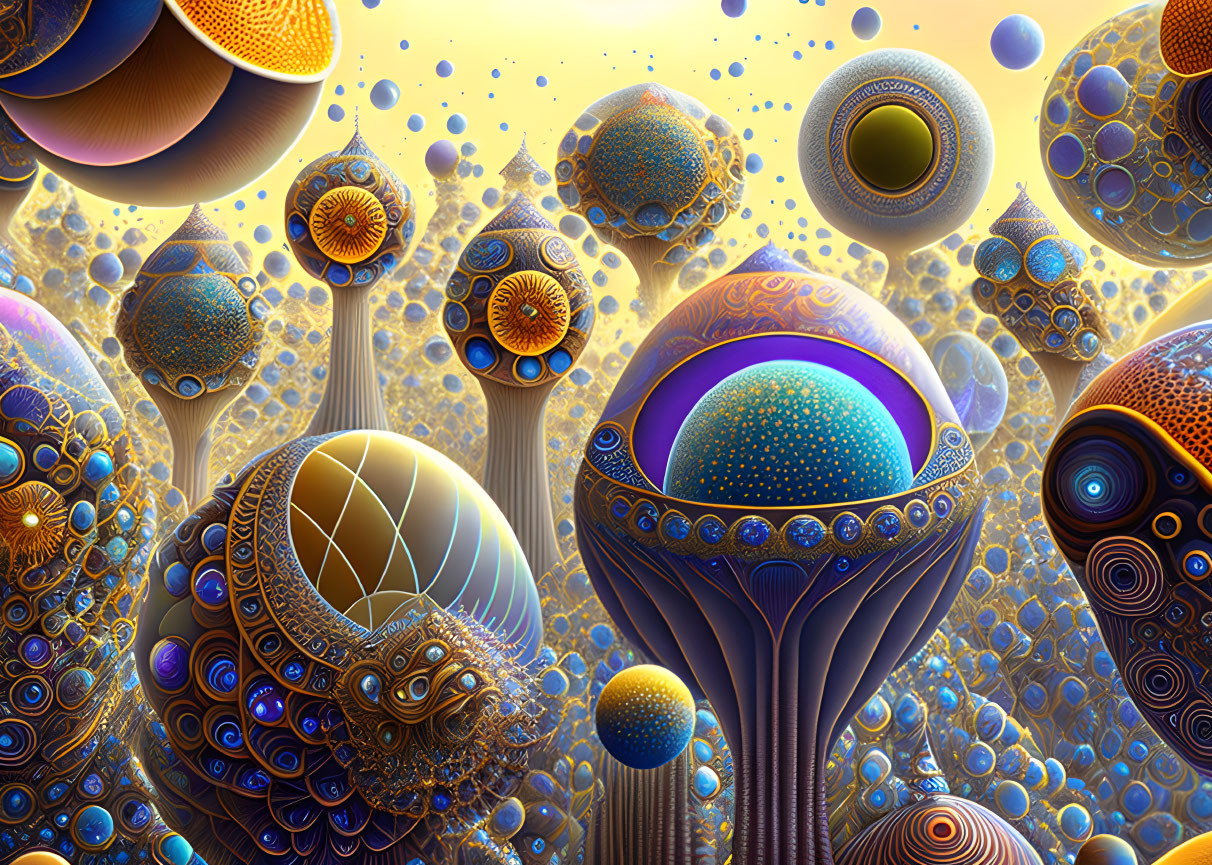 Colorful fractal artwork with intricate spherical shapes and floating orbs in dreamlike scene.