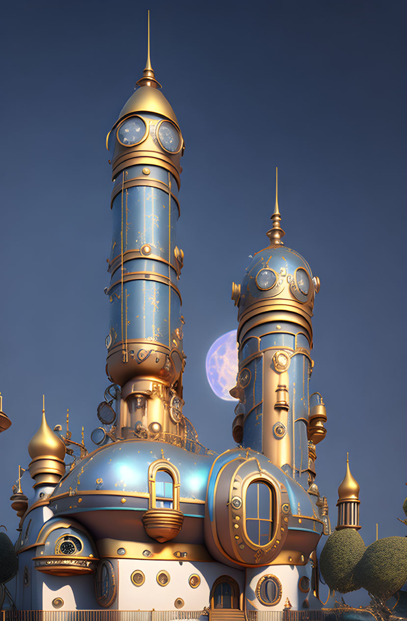 Steampunk-inspired towers with copper and brass finishes under twilight sky