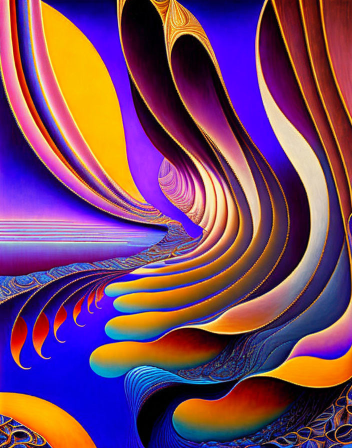 Colorful digital artwork with wavy patterns in purple, blue, and orange