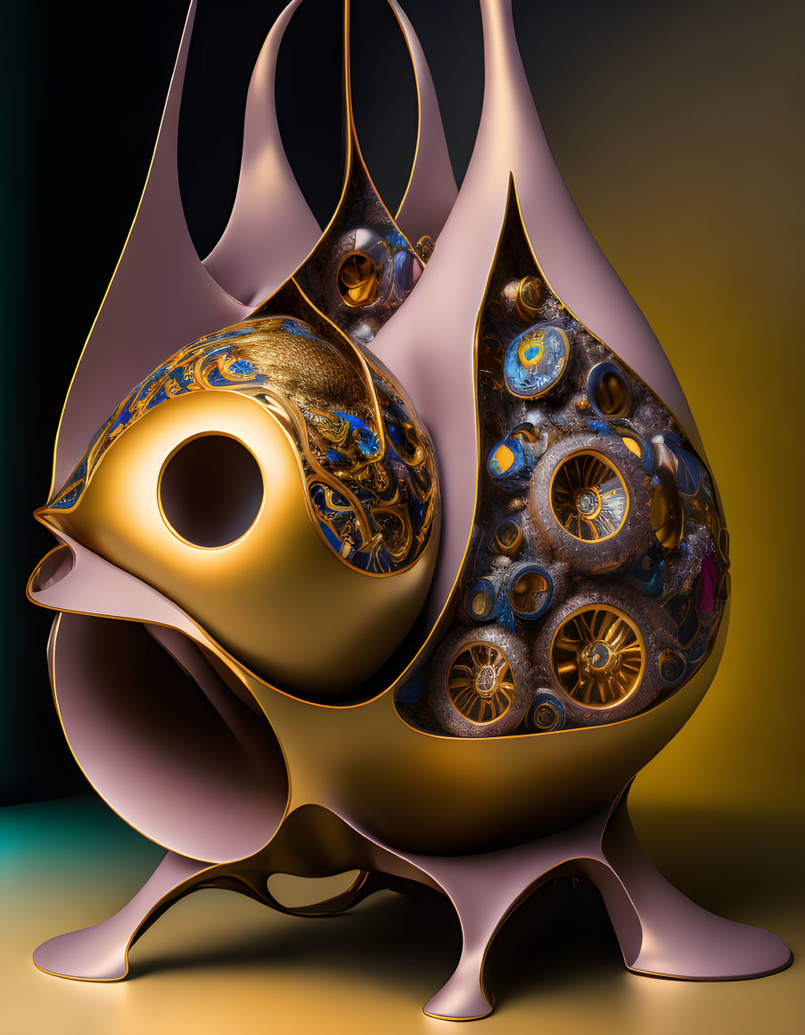 Organic Shape 3D Sculpture: Gold Accents, Intricate Patterns, Mechanical and Cele