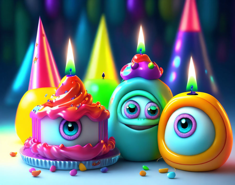 Colorful Animated Cakes with Expressive Eyes & Party Hats