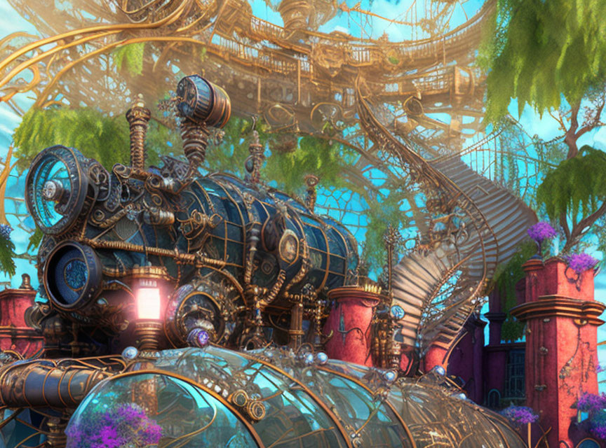 Ornate steampunk cityscape with metallic structures and vibrant flora